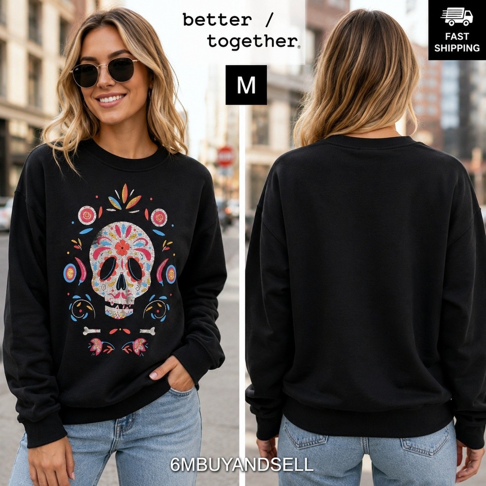 Better Together Black Sugar Skull Glitter Graphic Sweatshirt M 50696 Dia Muertos